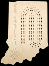 Load image into Gallery viewer, Indiana state shaped Cribbage board front.
