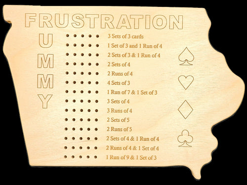 Iowa State shaped Frustration Rummy game board front.