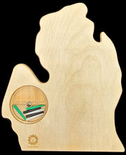 Load image into Gallery viewer, Cribbage board Michigan lower peninsula shape backside.
