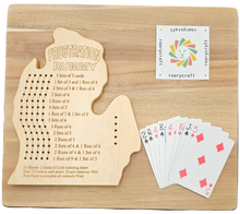 Load image into Gallery viewer, Michigan Lower peninsula Frustration Rummy game board with playing card and  Roarycraft logo.
