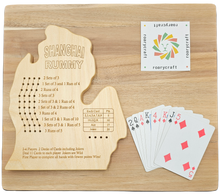 Load image into Gallery viewer, Michigan Lower peninsula Shanghai rummy game board with playing  cards and Roarycraft logo.
