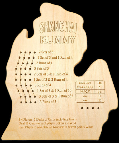 Michigan Lower Peninsula Shanghai Rummy score board.