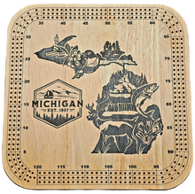 Load image into Gallery viewer, Cribbage board MICHIGAN center symbol art design.
