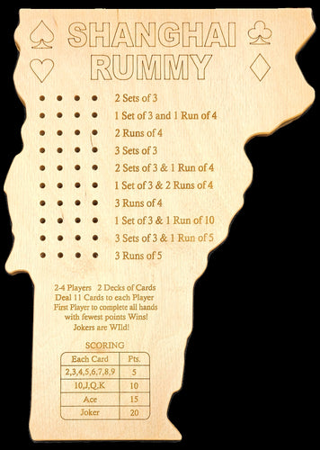 Vermont state shaped Shanghai Rummy gameboard front .