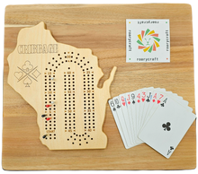 Load image into Gallery viewer, Wisconsin Cribbage Board with Playing cards. Roarycraft 
