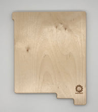 Load image into Gallery viewer, The backside of a wooden frustration rummy scorekeeping board cut in the shape of Minnesota.
